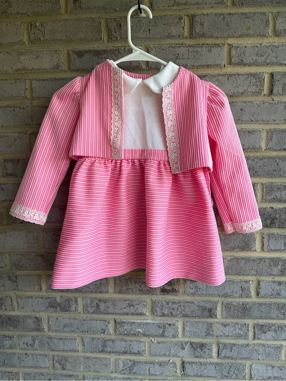 VTG 70s Pywacket Pink Striped Toddler Dress & Cropped Jacket Set Lace